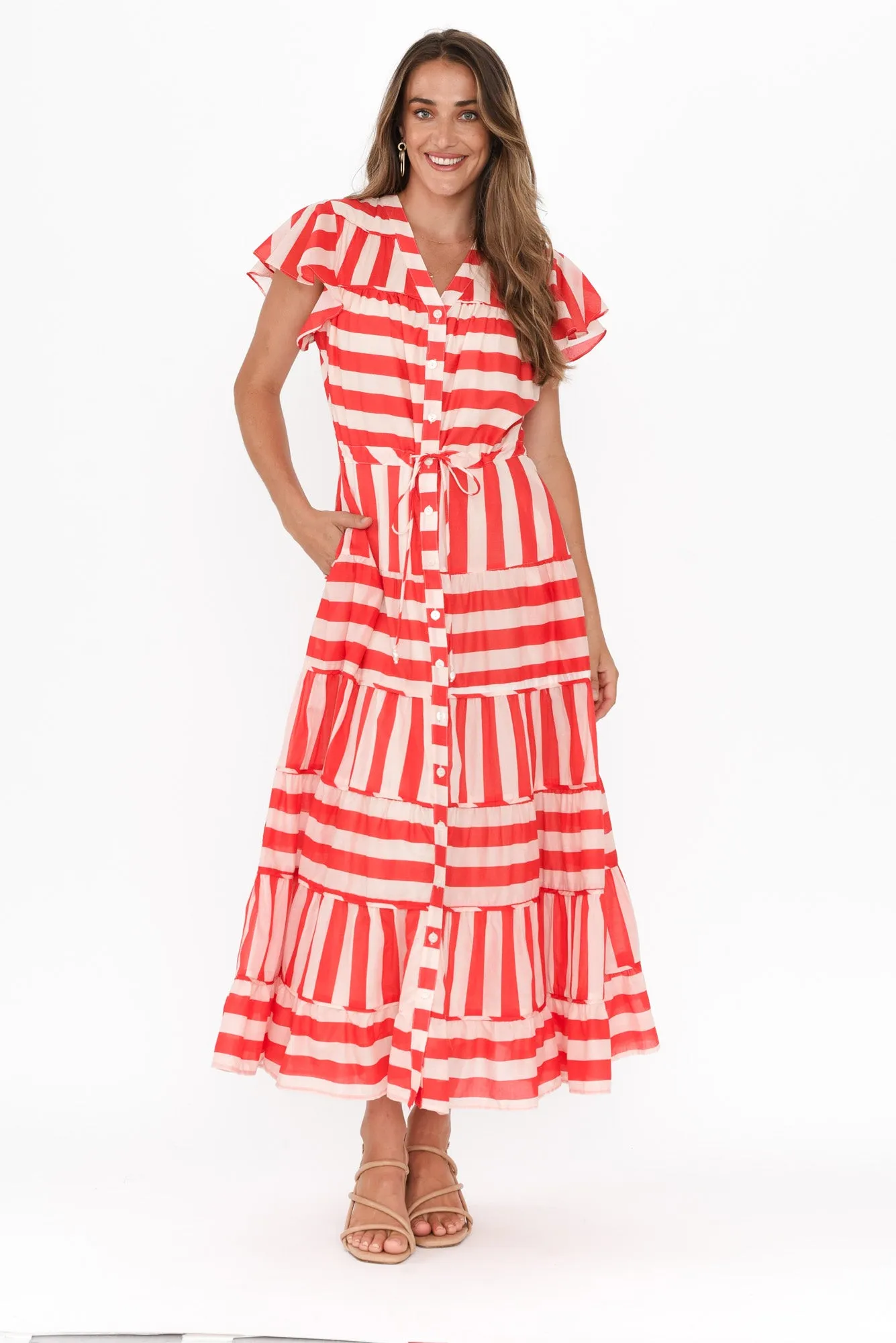 Delilah Red Stripe Cotton Tiered Dress