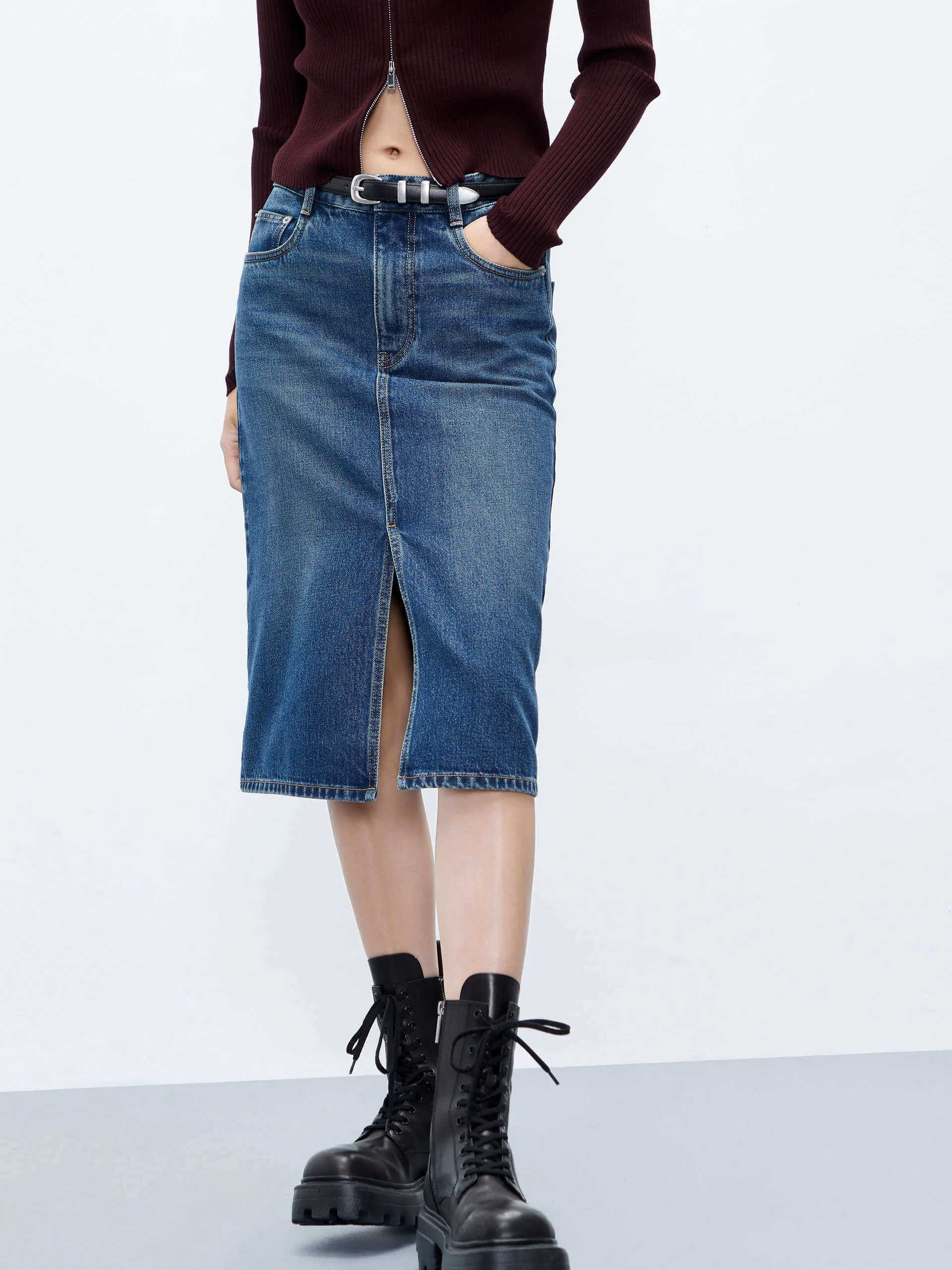 Denim Front Slit Skirt