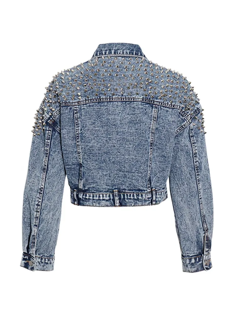 Denim Patchwork Rivet Jacket For Women Lapel Long Sleeve Single Breasted Solid Minimalist Jackets Female Clothing