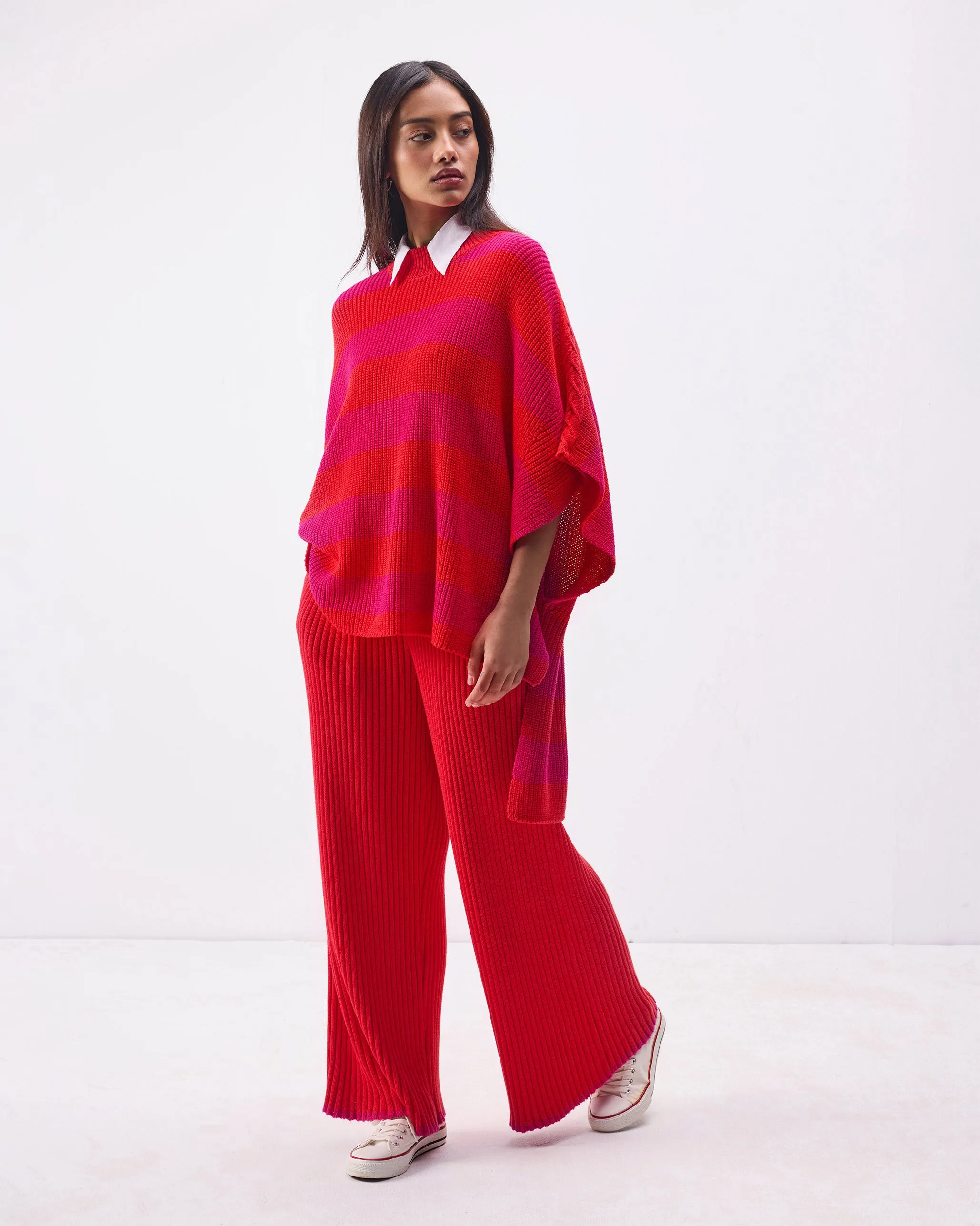 Dream High-low Hem Sweater - Fuchsia & Bright Red Stripes