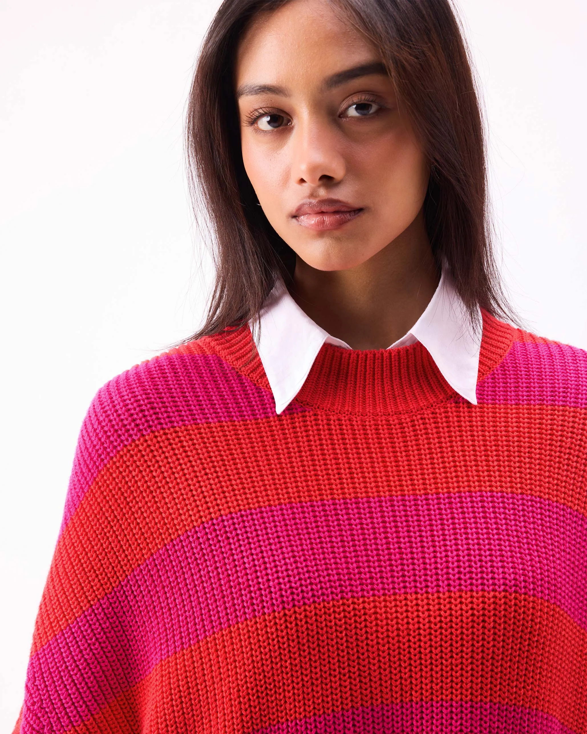 Dream High-low Hem Sweater - Fuchsia & Bright Red Stripes