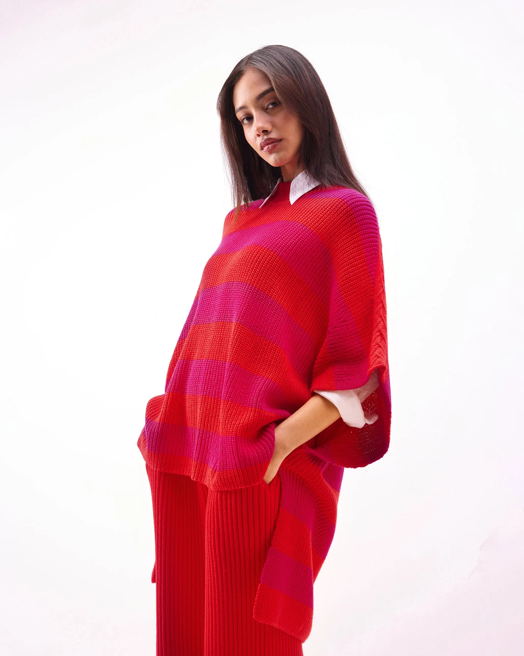 Dream High-low Hem Sweater - Fuchsia & Bright Red Stripes