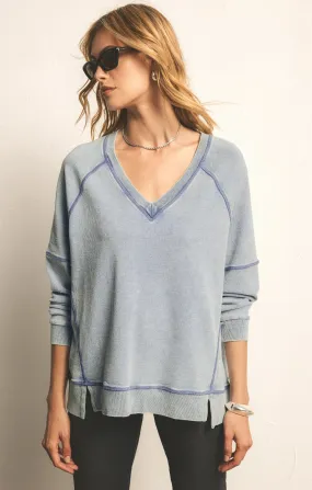 Easy V-Neck Knit Denim Sweatshirt