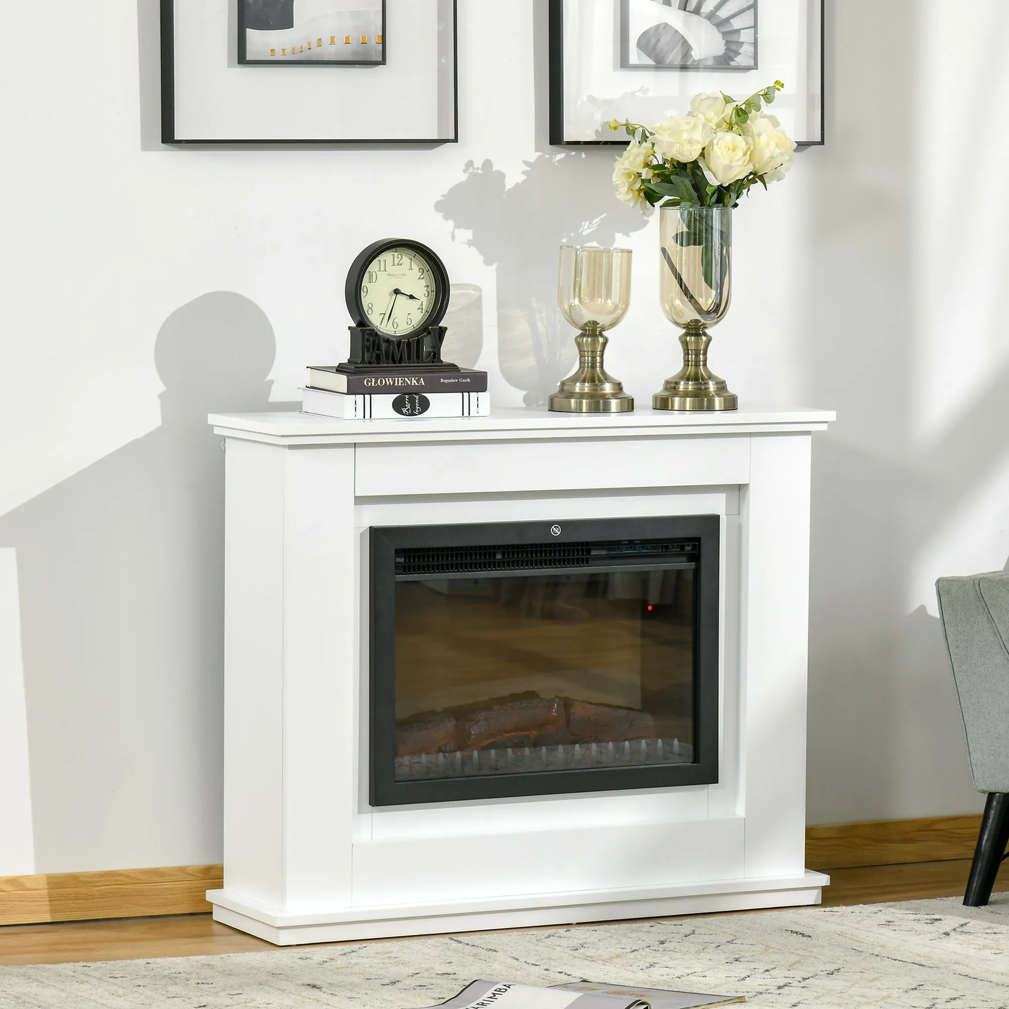 Electric Fireplace Suite with Remote Control, 1kW/2kW Freestanding Fireplace Heater with Flame Effect, Overheat Protection