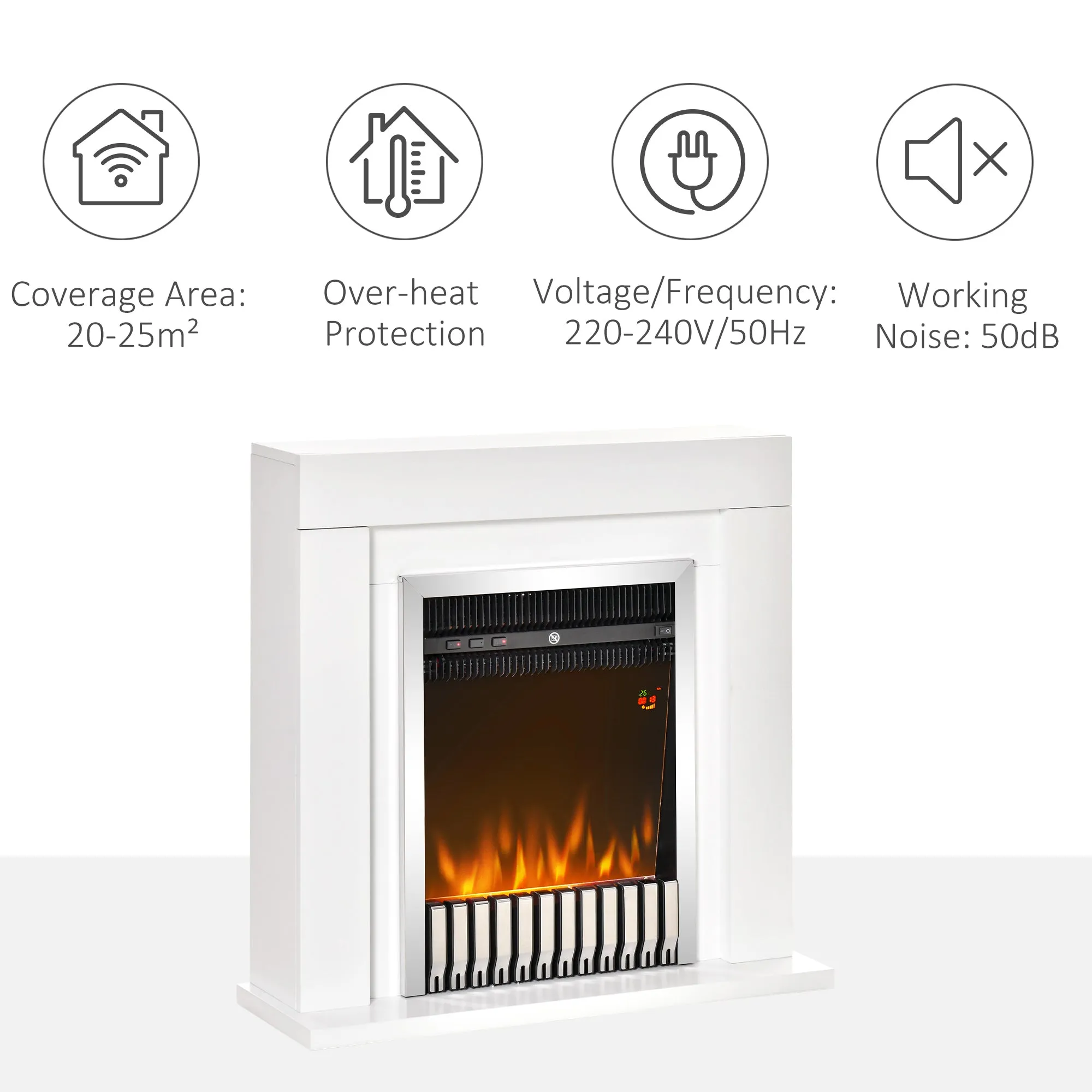 Electric Fireplace Suite with Remote Control, Freestanding Fireplace Heater with Flame Effect, 1kW/2kW, Overheat Protection, White