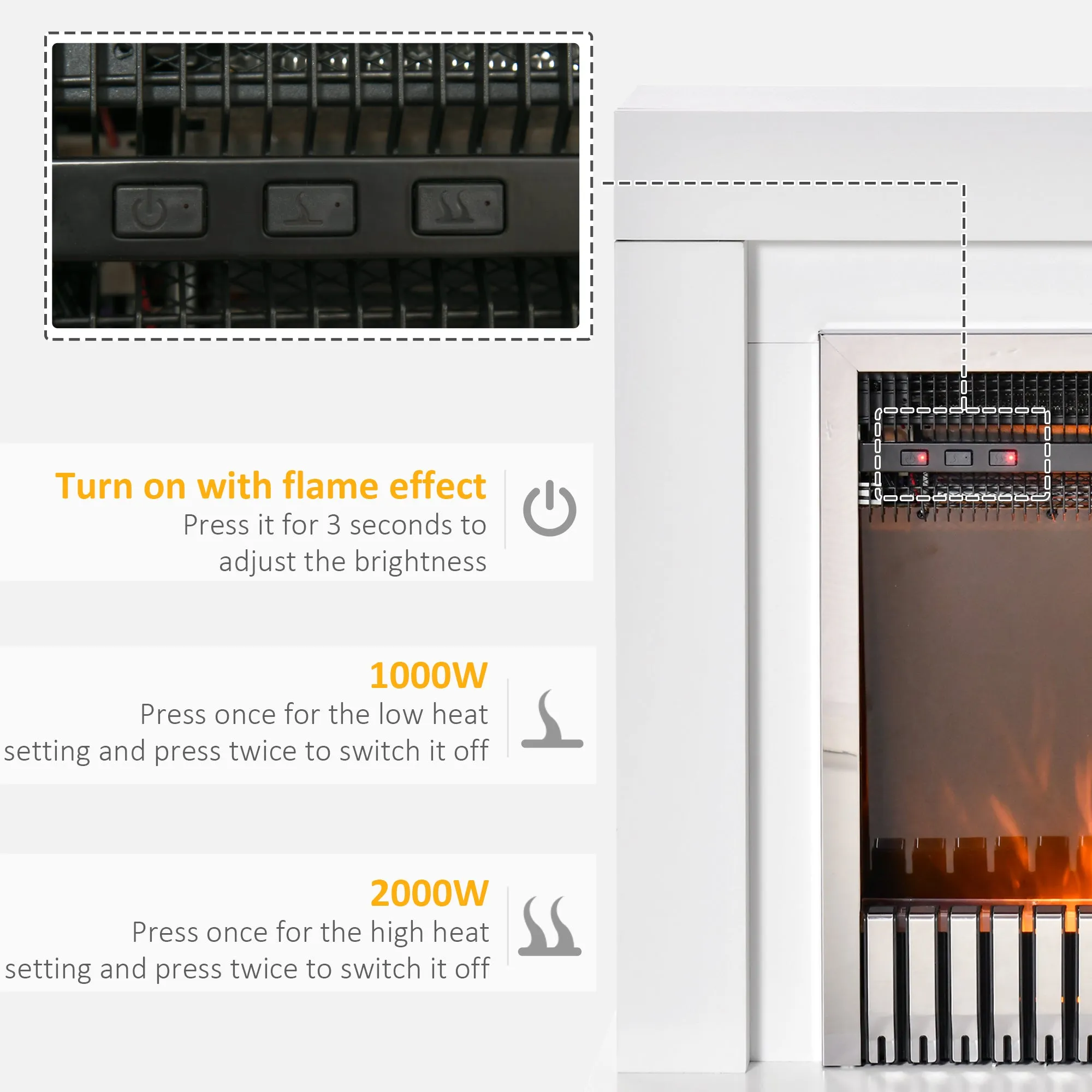 Electric Fireplace Suite with Remote Control, Freestanding Fireplace Heater with Flame Effect, 1kW/2kW, Overheat Protection, White