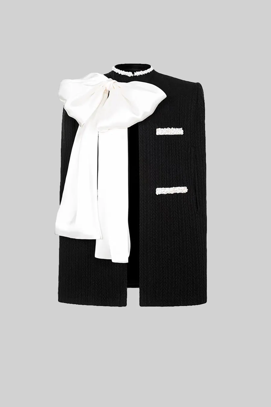 Elegant Textured Overcoat With White Bow Detail - Black