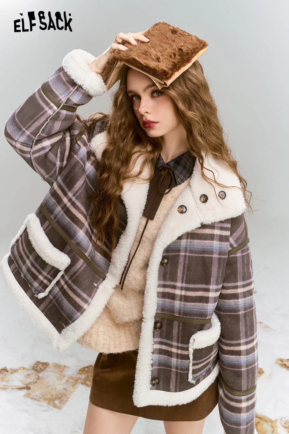 ELFSACK 2024 Winter New Arrivals Retro Preppy Style plaid short plush thick warm coat for women