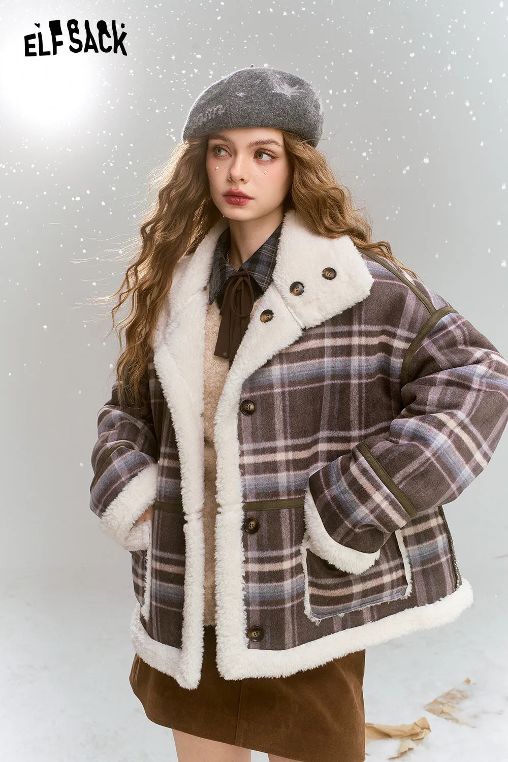 ELFSACK 2024 Winter New Arrivals Retro Preppy Style plaid short plush thick warm coat for women