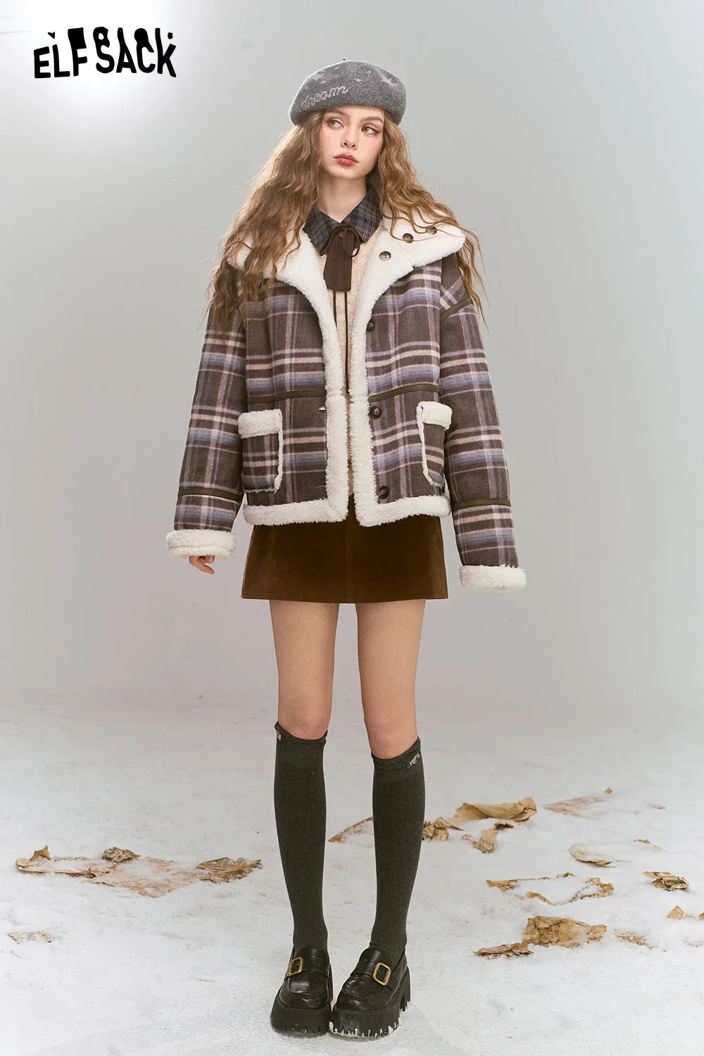 ELFSACK 2024 Winter New Arrivals Retro Preppy Style plaid short plush thick warm coat for women