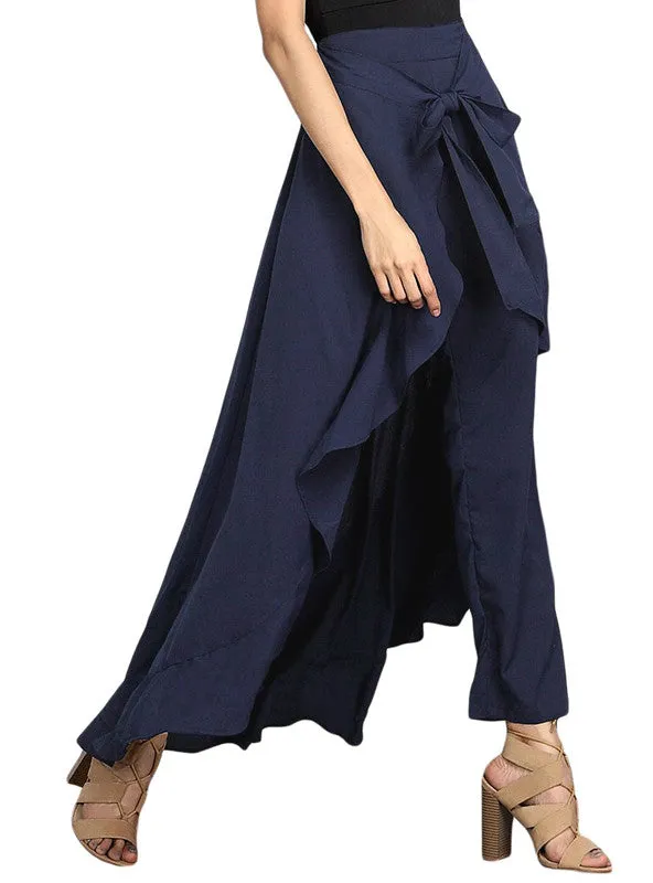 Fashion Navy Chiffon Tie-Waist Ruffle Wide Leg Loose Pants