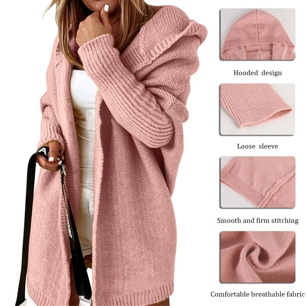 FashionSierra - Long Hooded Cardigan Women Solid Color Braid Knit Overcoat Loose Ladies Sweaters