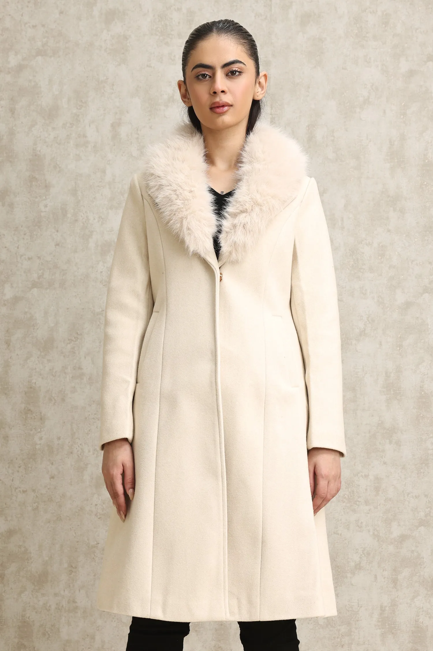 FAUX FUR COLLAR OVERCOAT-BEIGE