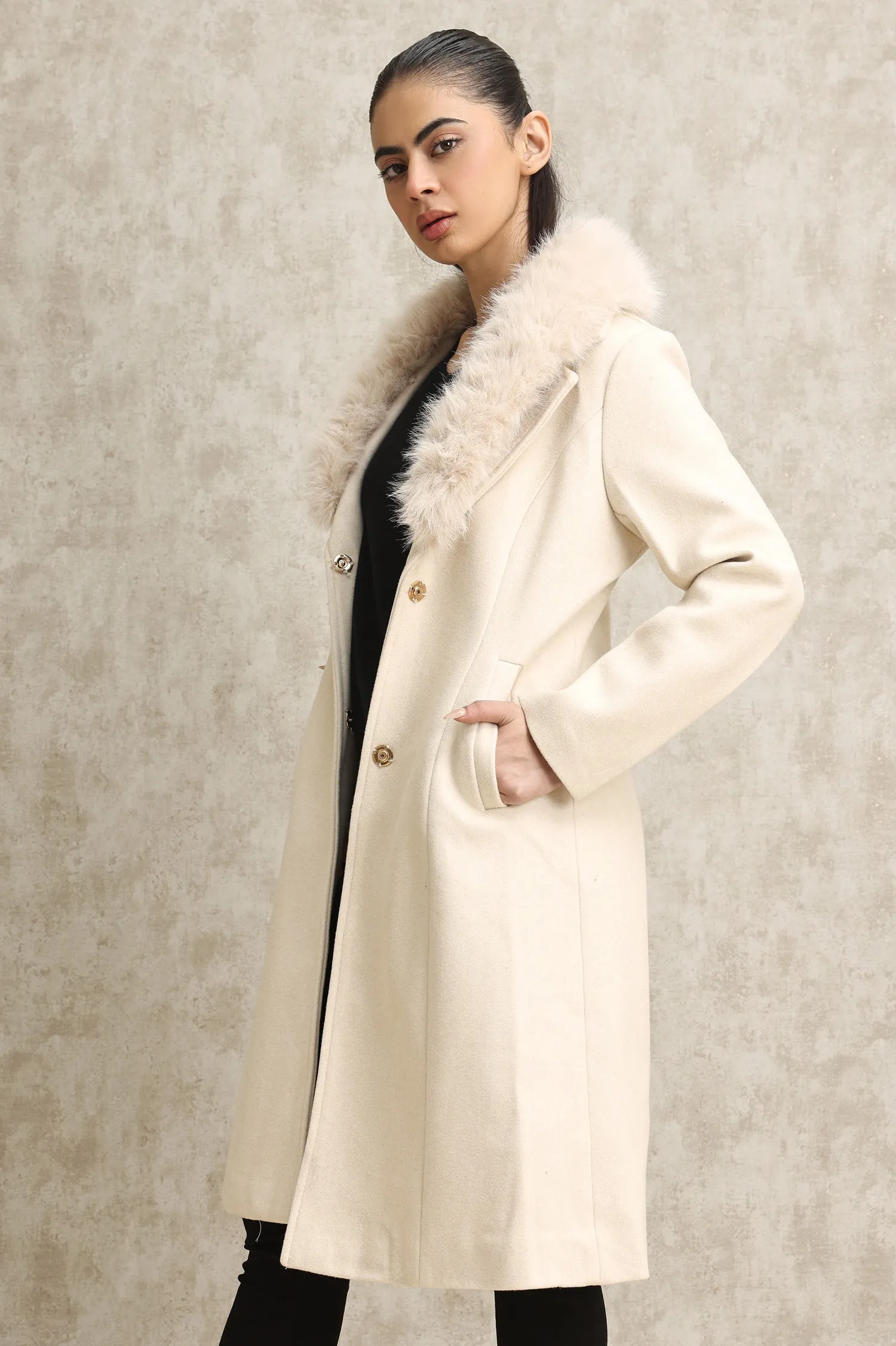 FAUX FUR COLLAR OVERCOAT-BEIGE