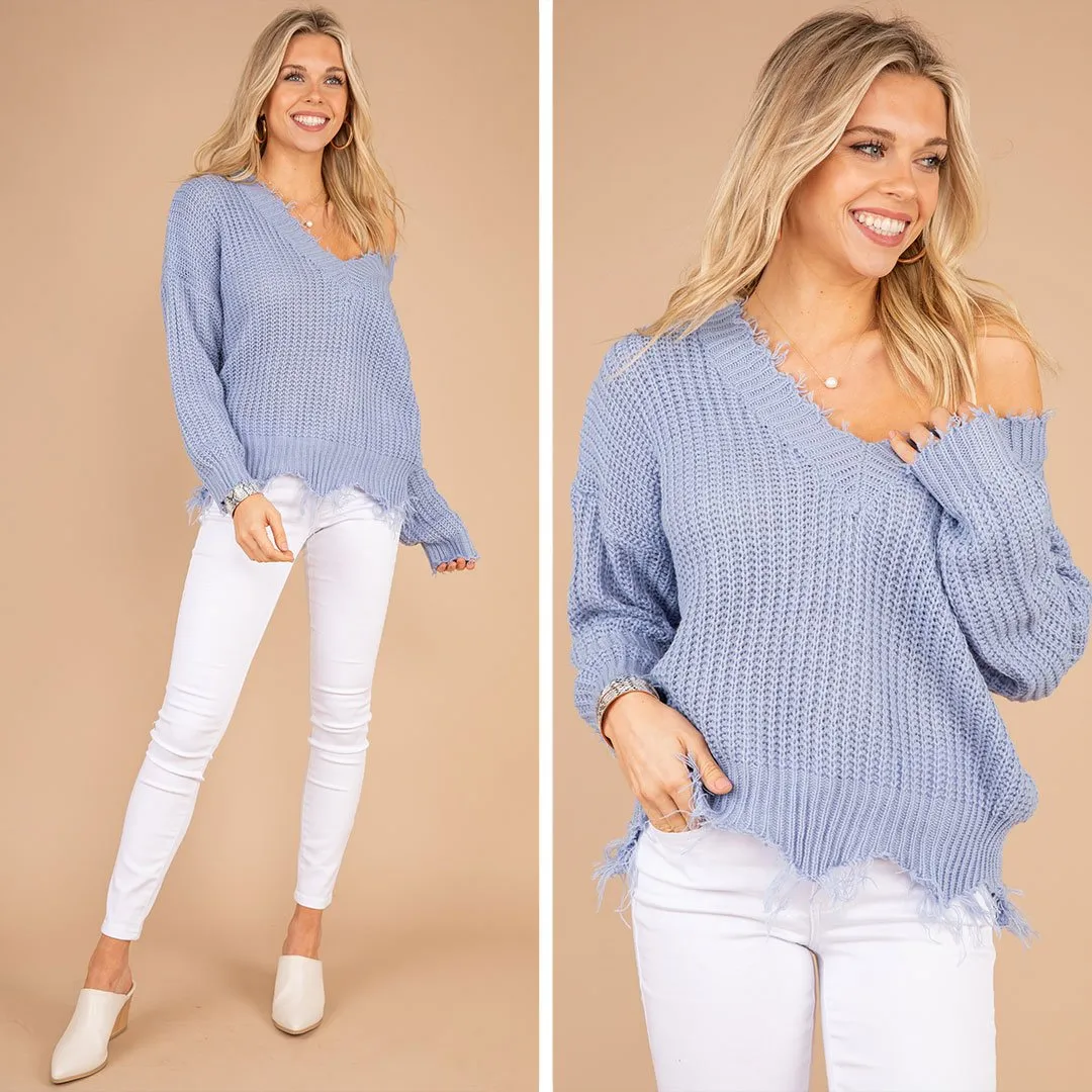 Feeling Brand New Faded Denim Blue Distressed Sweater