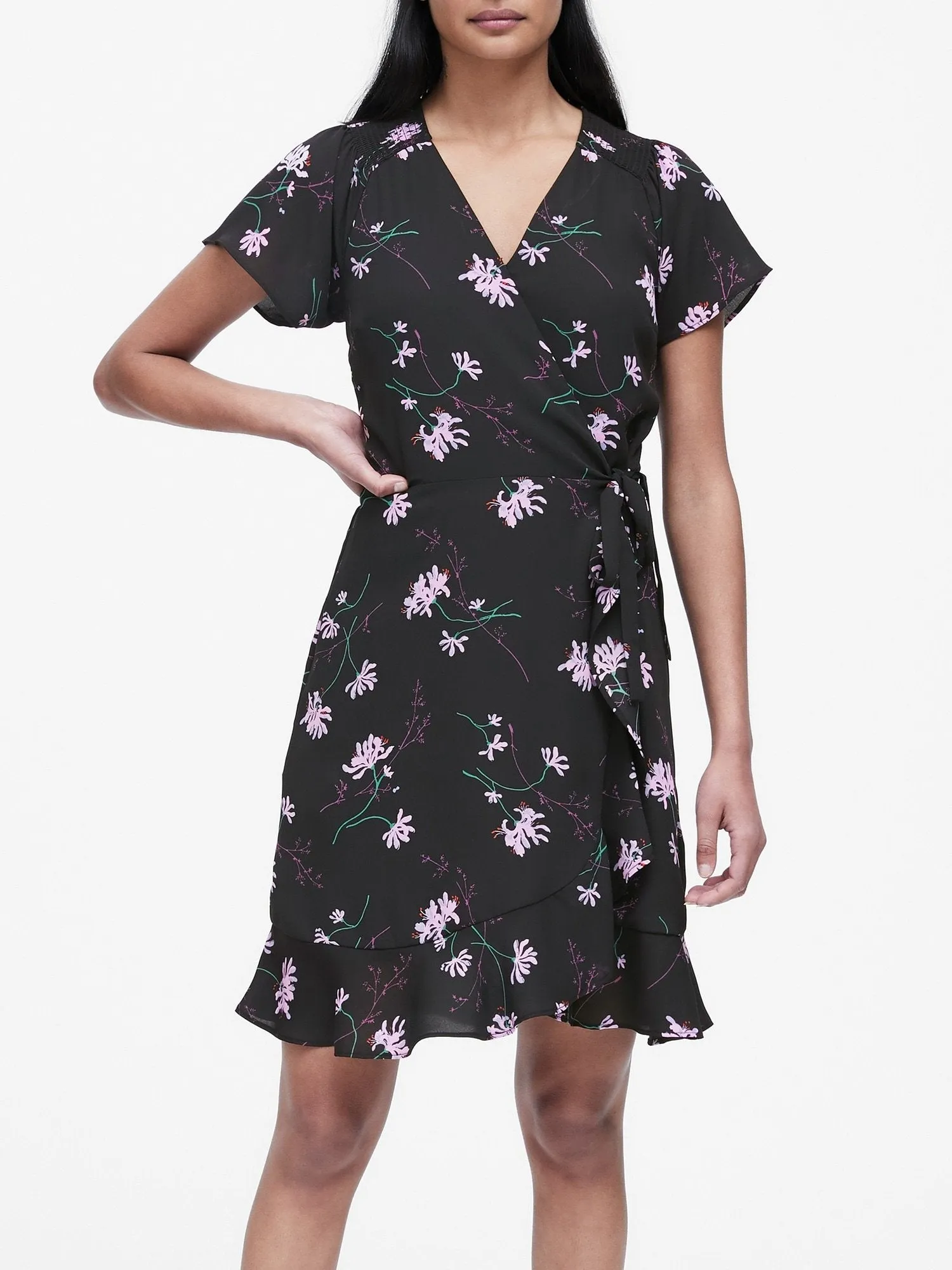 Floral Ruffle Wrap Dress in Black Floral