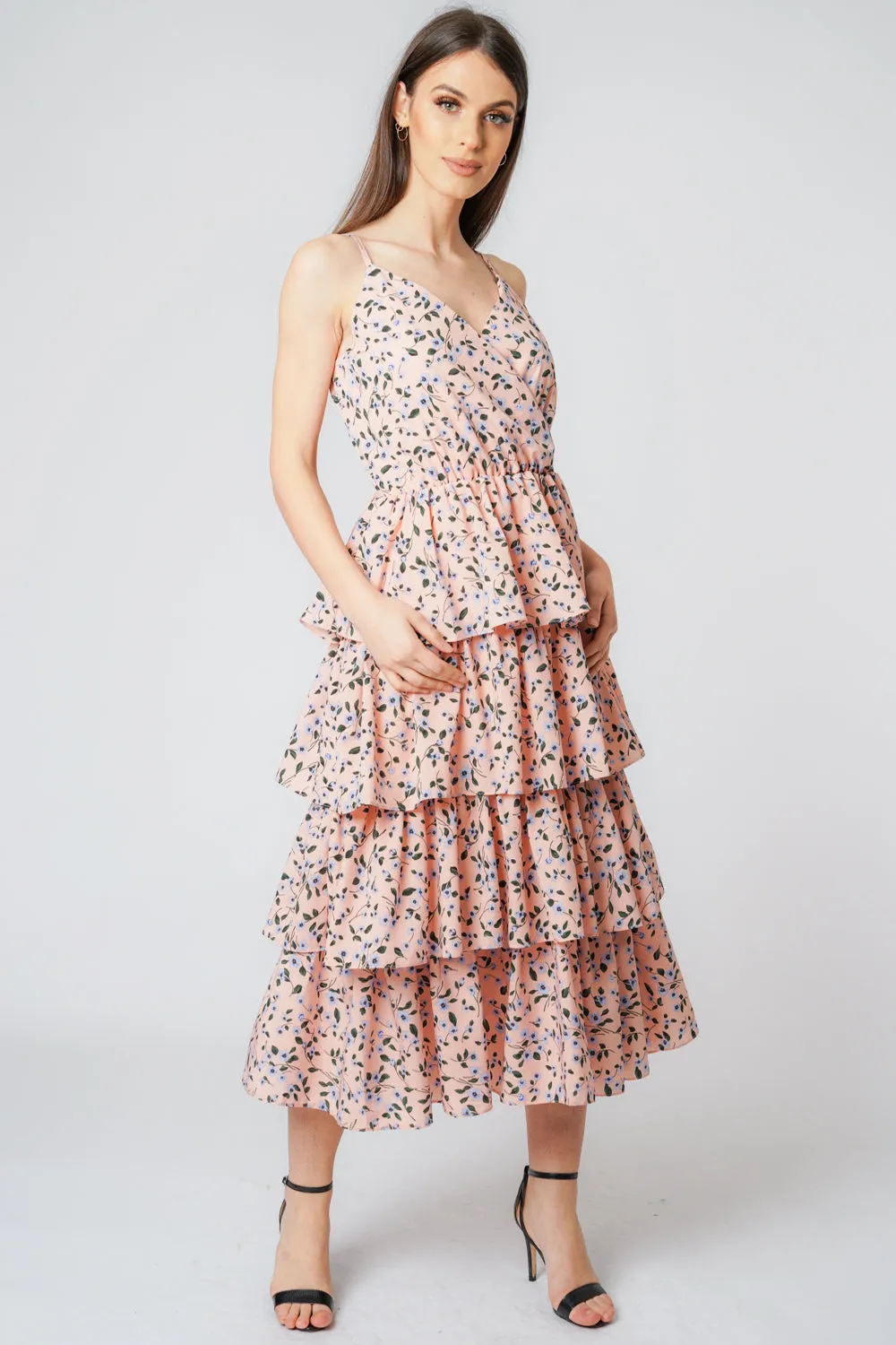 Floral Ruffle Wrap Front Summer Midi Dress