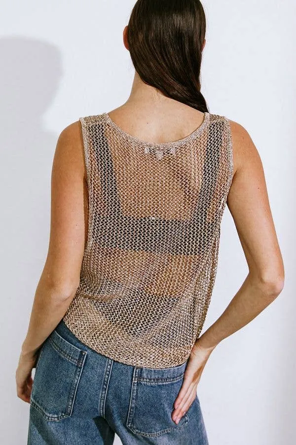 Flying Tomato Open Knit Sweater Tank in Gold