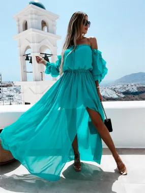 Flytonn-Graduation Gift Back to School Season Summer Vacation Dress Spring Outfit Solid Color Sexy One Word Loose Casual Mid-waist Dress Loose Vacation Style Urban Casual Ruffle Wrapped Paragraph Large Swing Dress