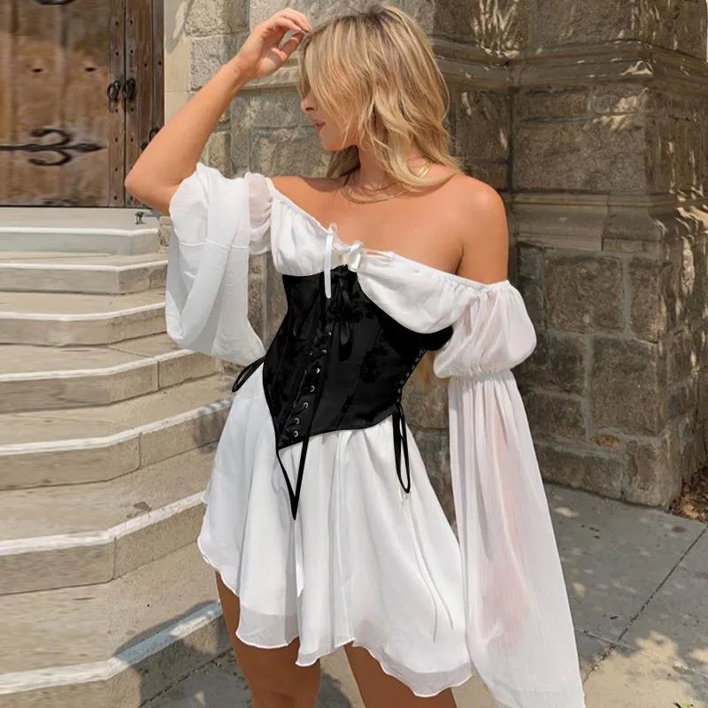 Girlary unique hoco dresses Summer New Sexy Short Skirt Elegant off-Shoulder Irregular Chiffon Waist Dress Women