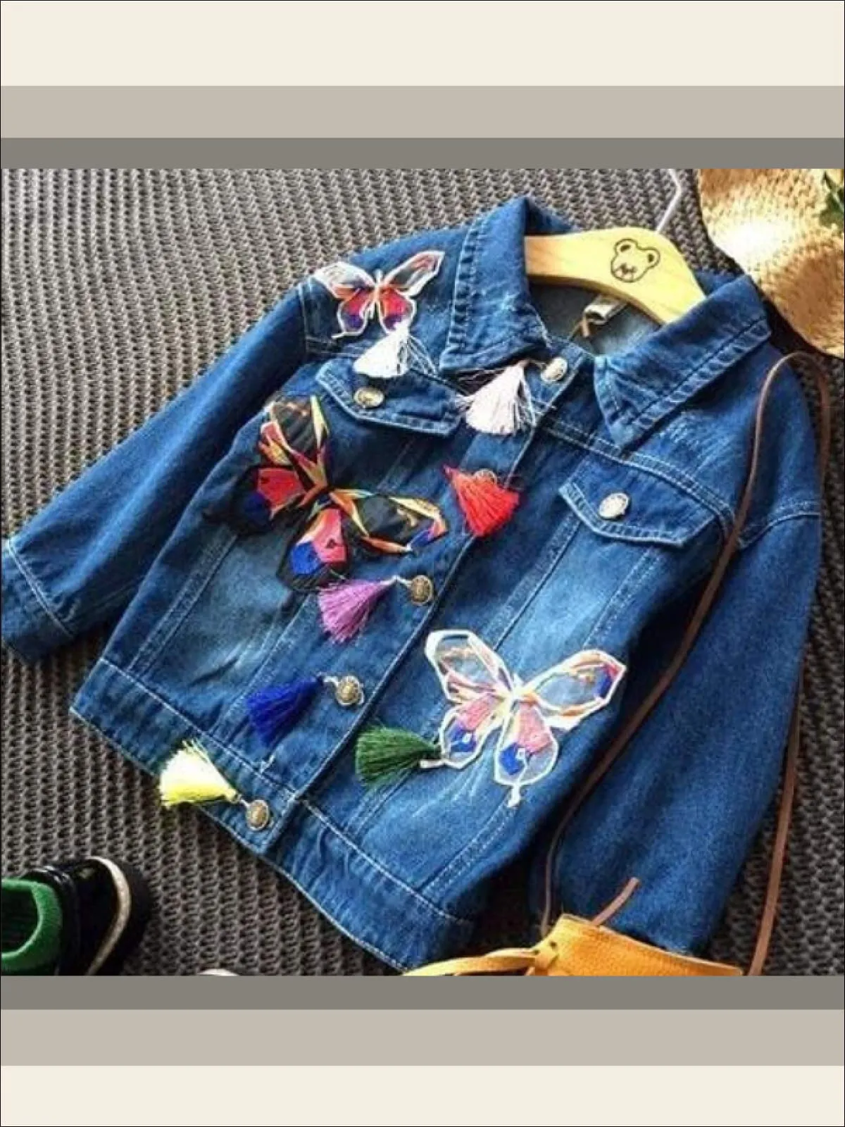 Girls Butterfly Applique Denim Jacket (Dark Blue And Light Blue Denim Options)