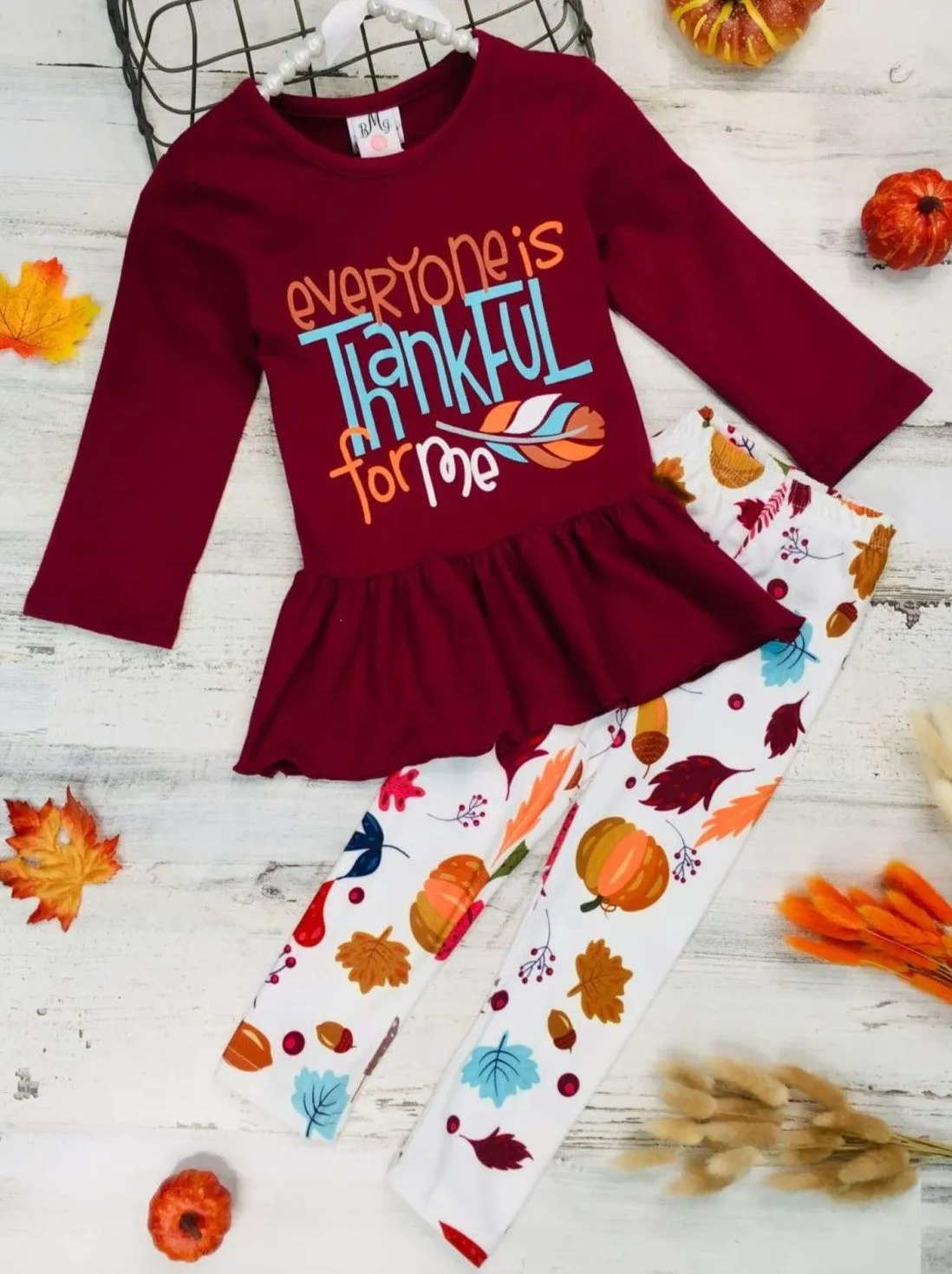 Girls "Everyone is Thankful for Me" Long Sleeve Peplum Tunic & Leaves Print Leggings