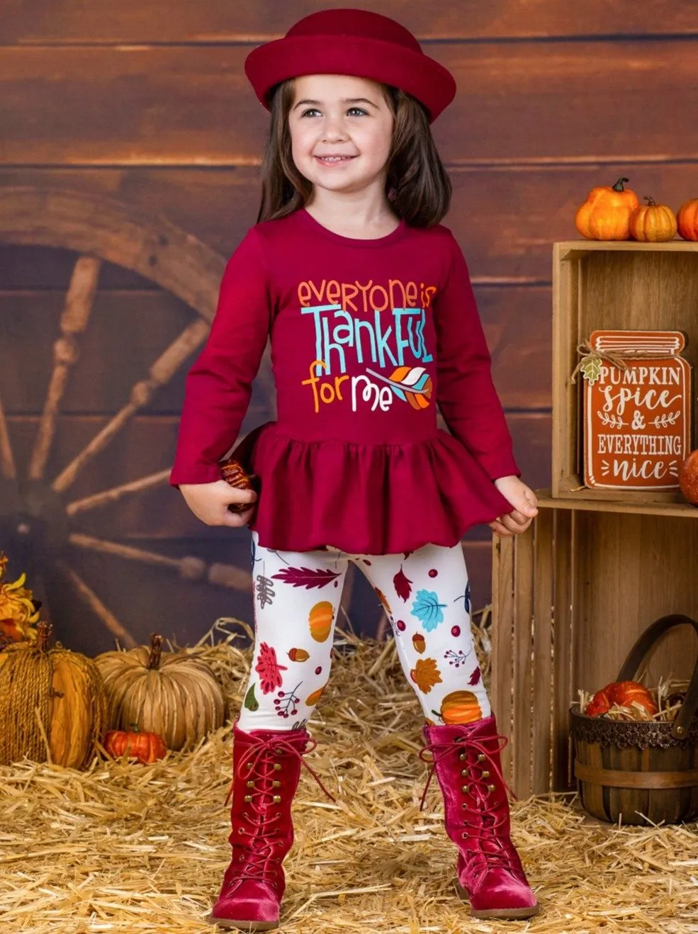 Girls "Everyone is Thankful for Me" Long Sleeve Peplum Tunic & Leaves Print Leggings