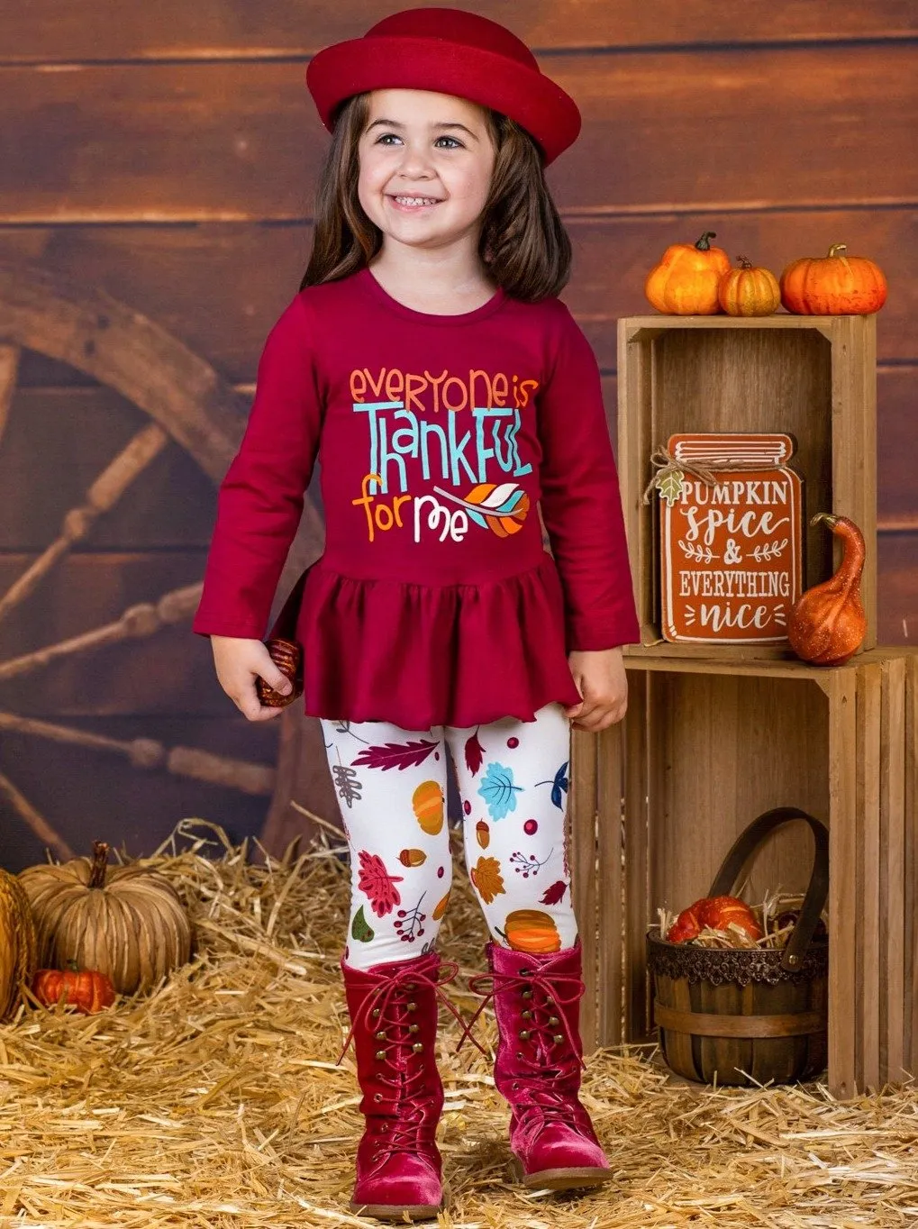 Girls "Everyone is Thankful for Me" Long Sleeve Peplum Tunic & Leaves Print Leggings