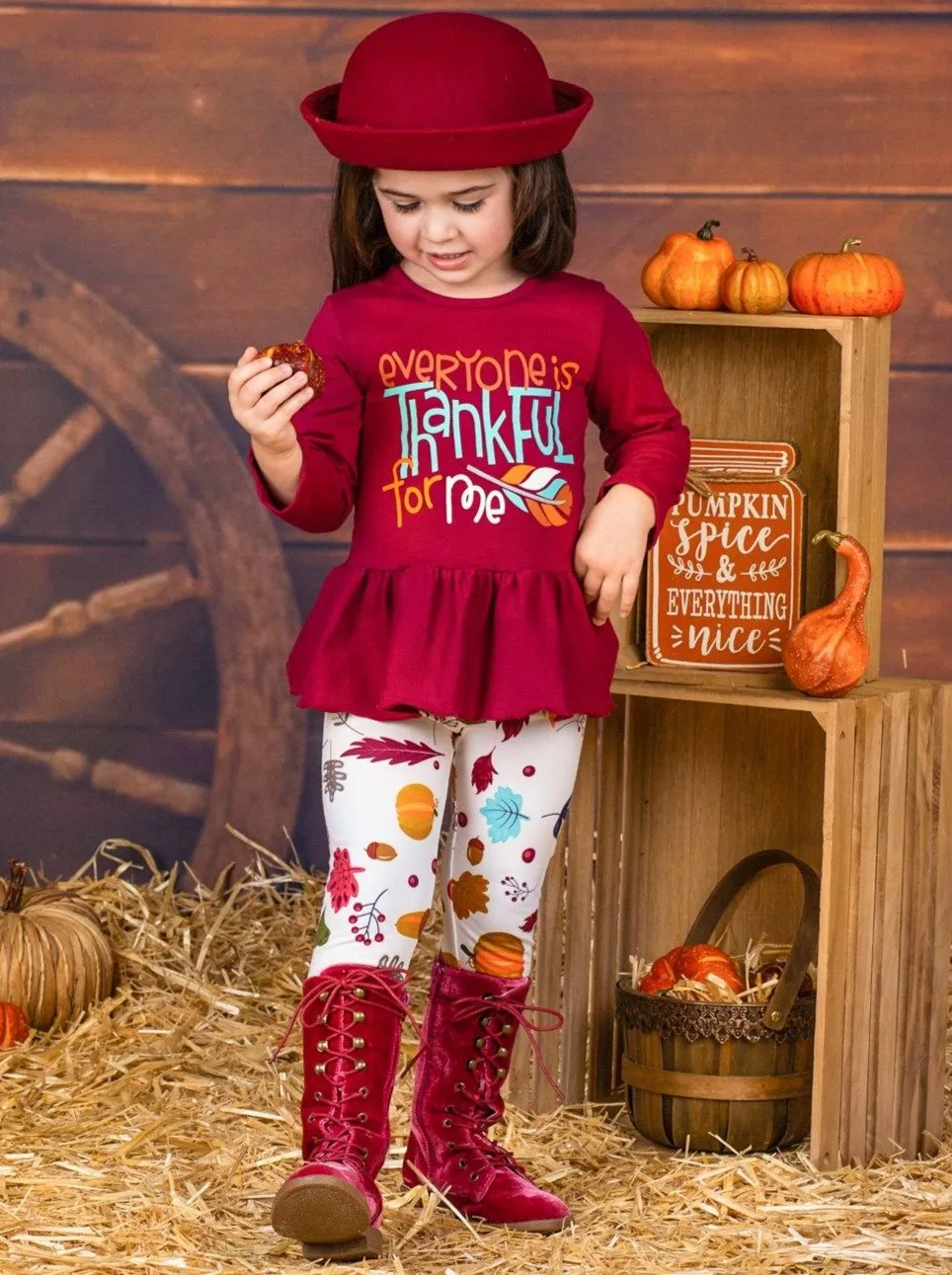 Girls "Everyone is Thankful for Me" Long Sleeve Peplum Tunic & Leaves Print Leggings