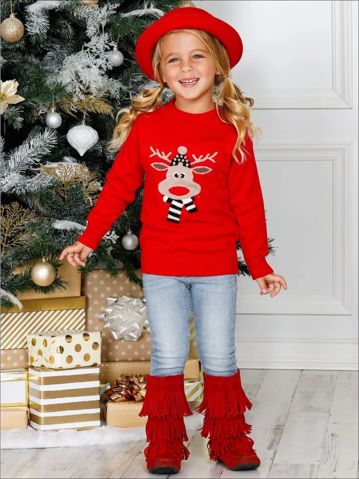 Girls Red Rudolph Print Cowl Neck Christmas Sweater