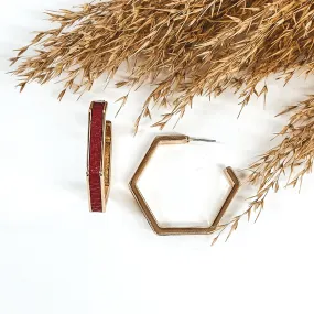 Gold Hexagon Hoops with Leather Inlay in Red