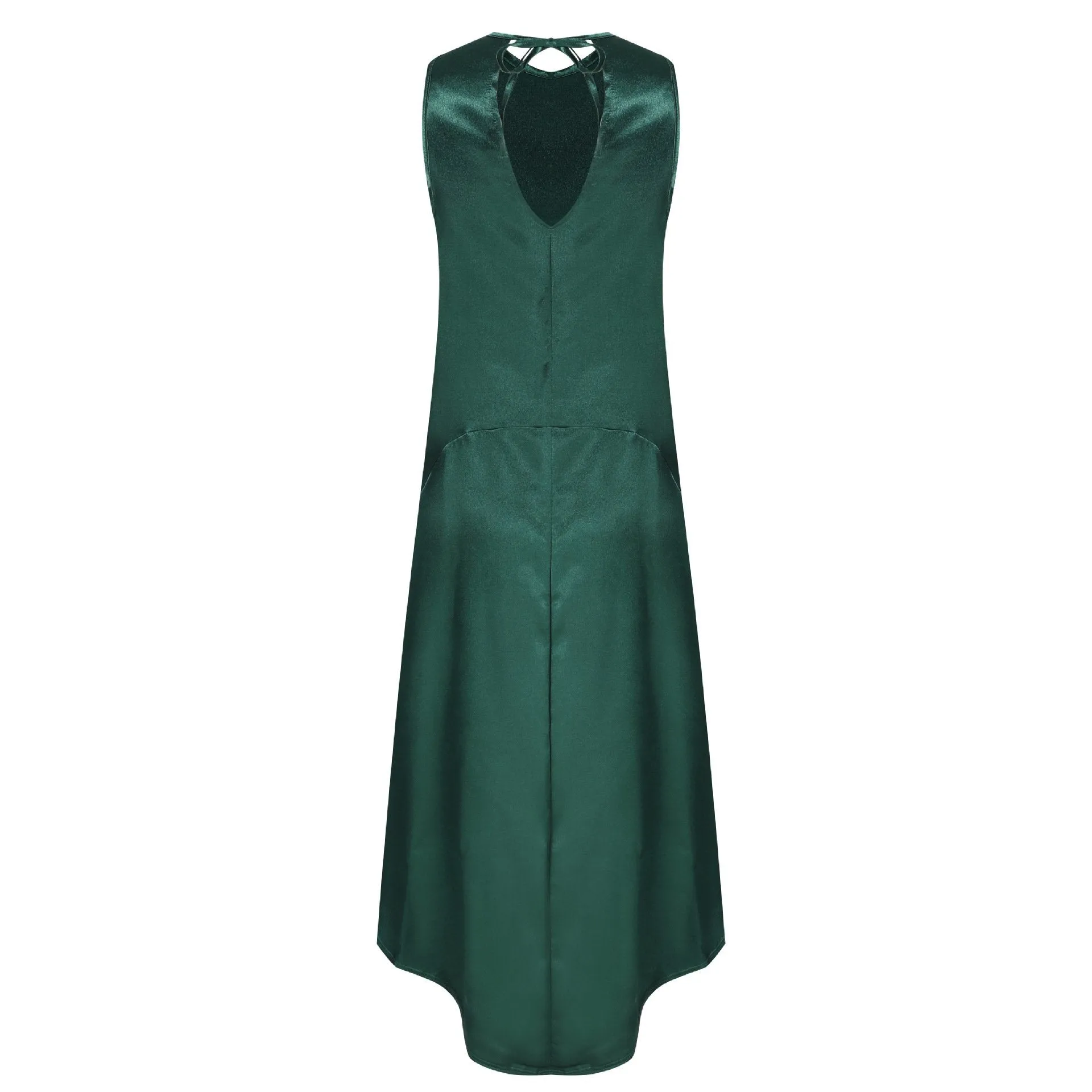 Green Satin Split Long Dress Sleeveless Wrap Celebrity Gathering Maxi