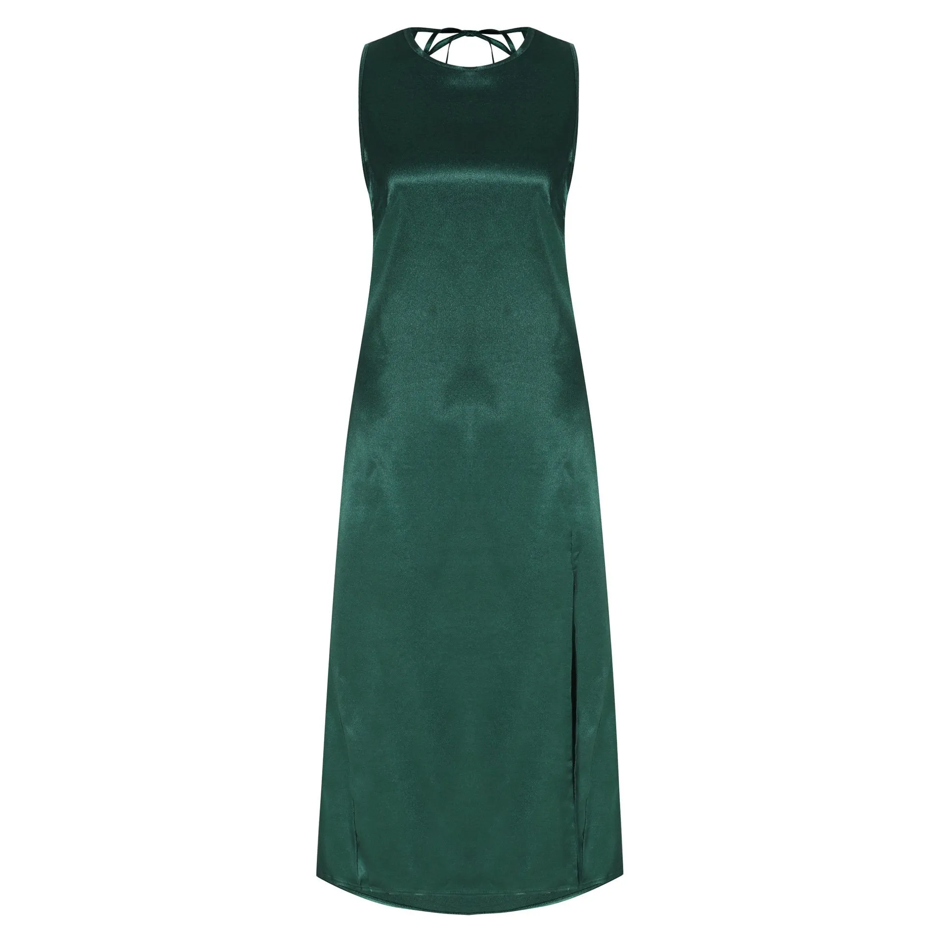 Green Satin Split Long Dress Sleeveless Wrap Celebrity Gathering Maxi