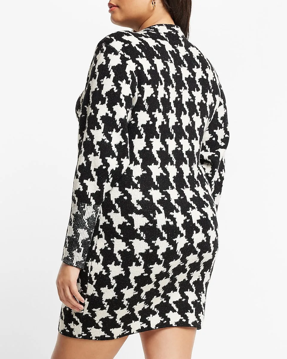 Houndstooth Mock Neck Padded Shoulder Sweater Dress in White Print