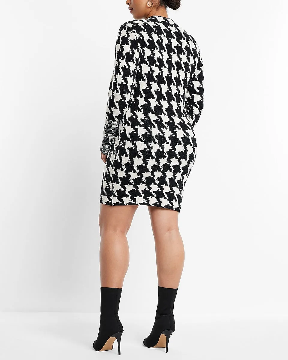 Houndstooth Mock Neck Padded Shoulder Sweater Dress in White Print