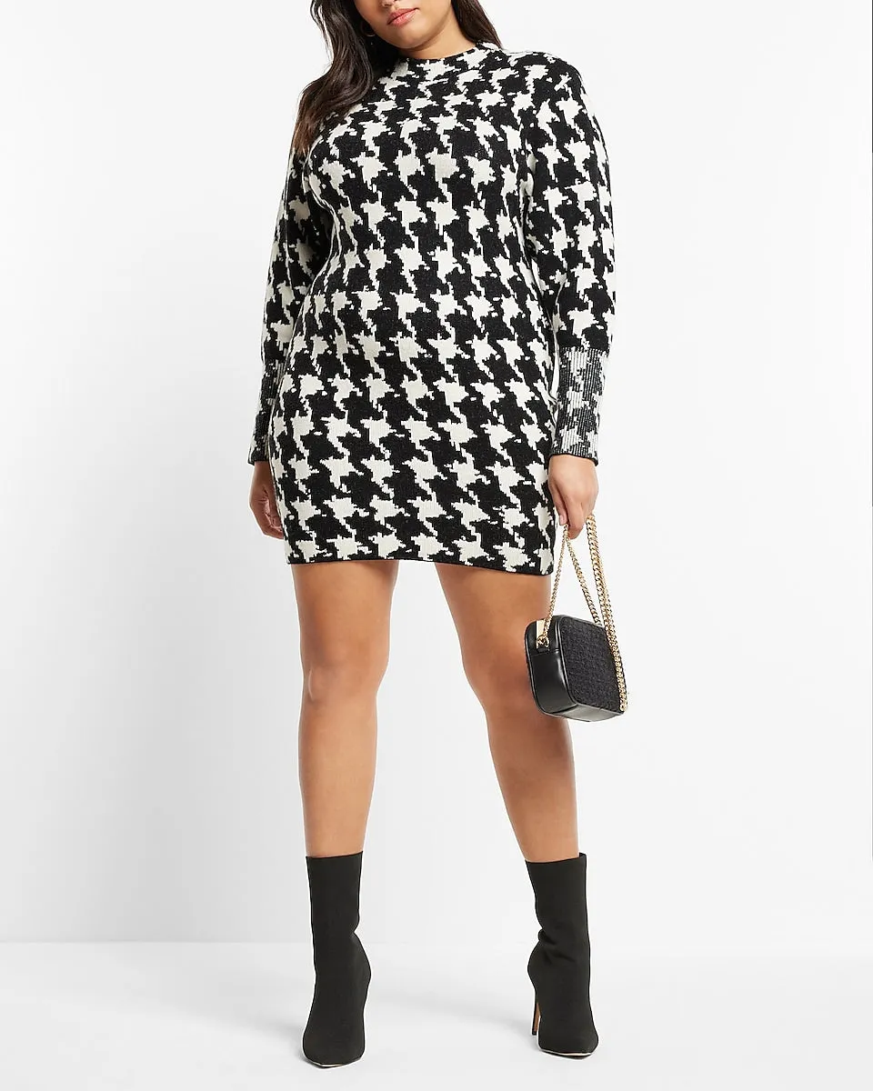 Houndstooth Mock Neck Padded Shoulder Sweater Dress in White Print