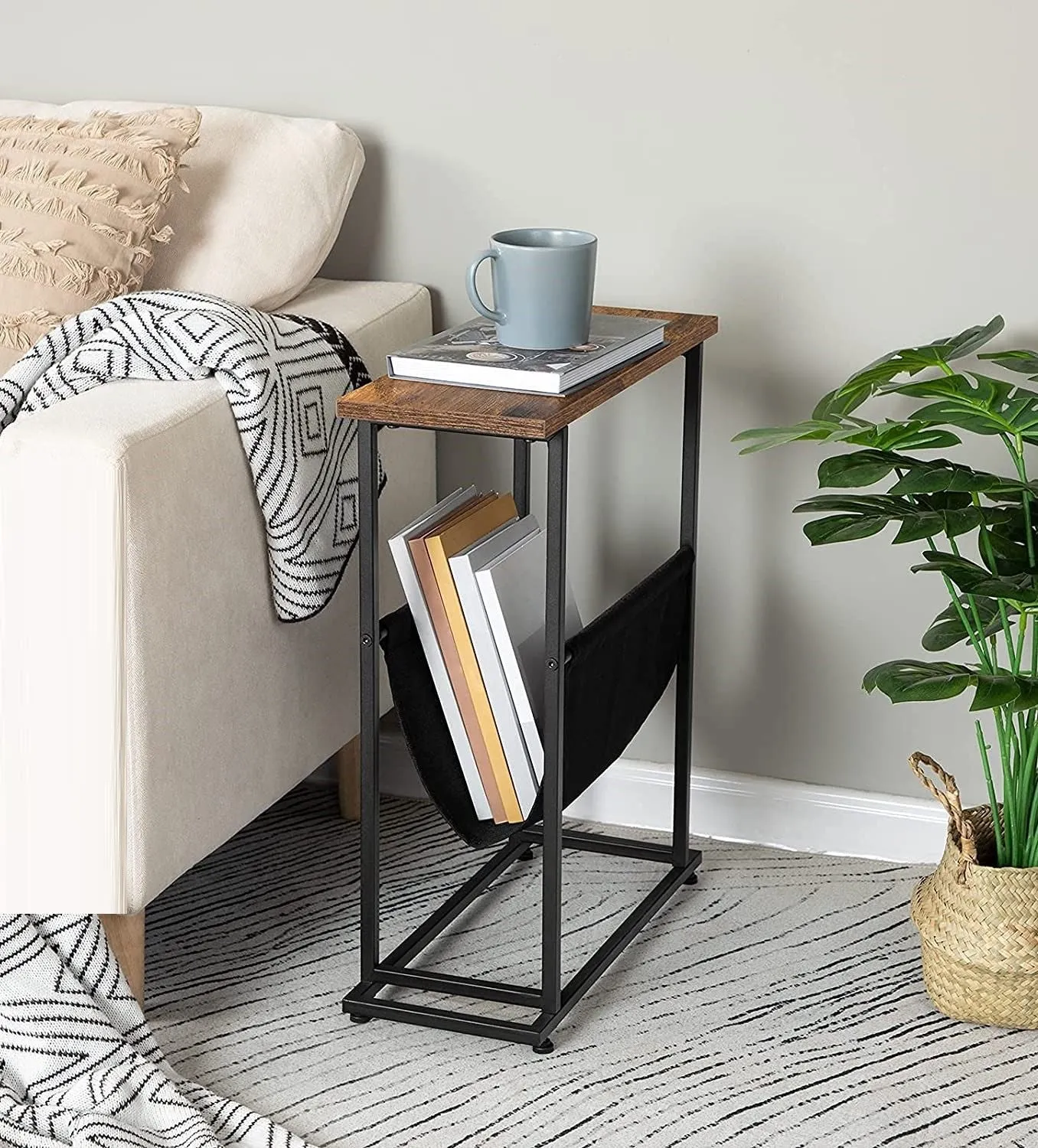 Industrial Side Table with Metal Frame and Magazine Holder