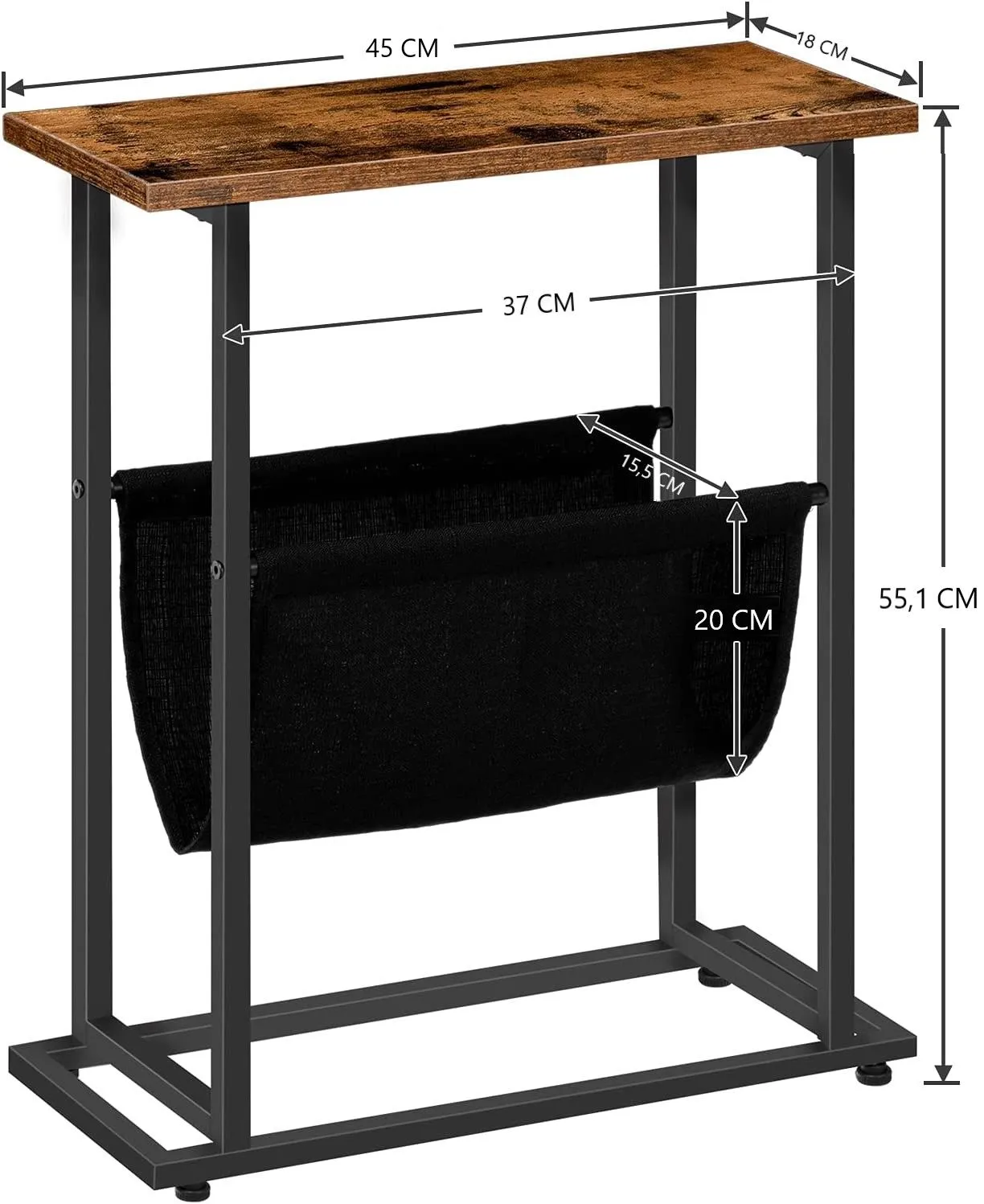 Industrial Side Table with Metal Frame and Magazine Holder