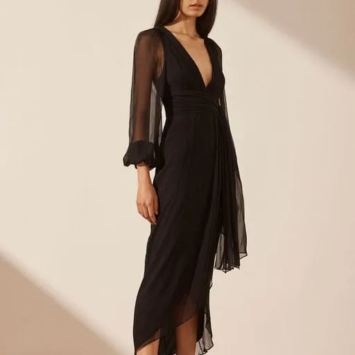 Isola Plunged Long Sleeve Midi Dress