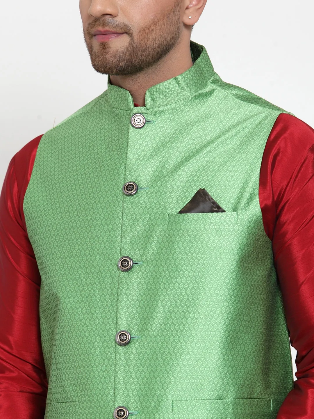 Jashvi Men's Green Woven Jacquard Nehru Jacket