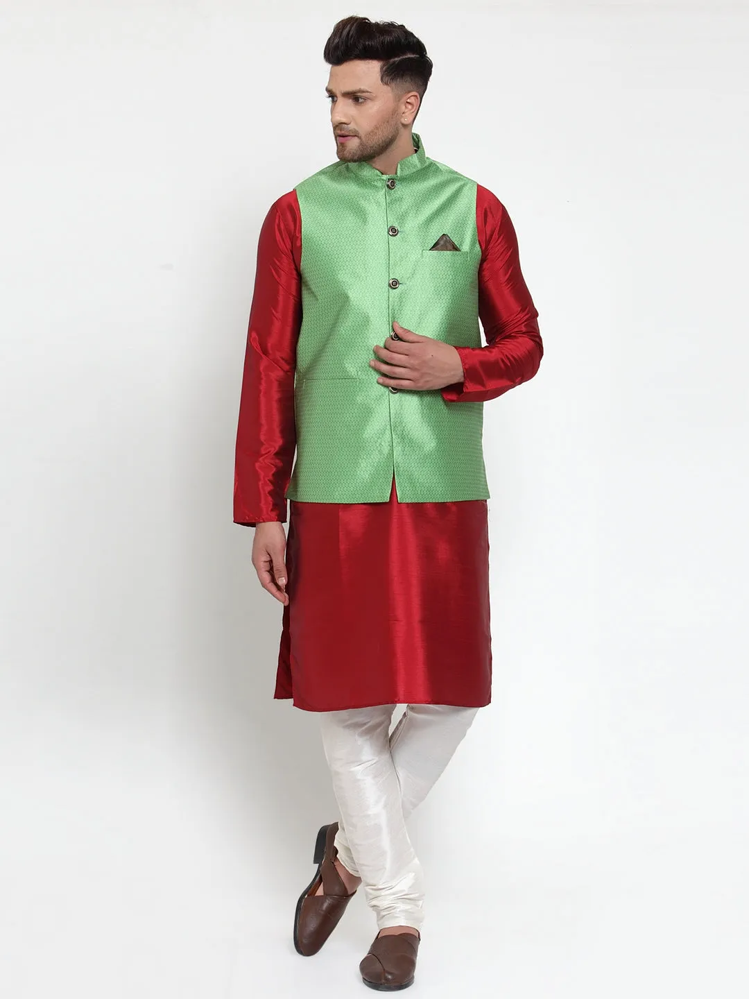 Jashvi Men's Green Woven Jacquard Nehru Jacket