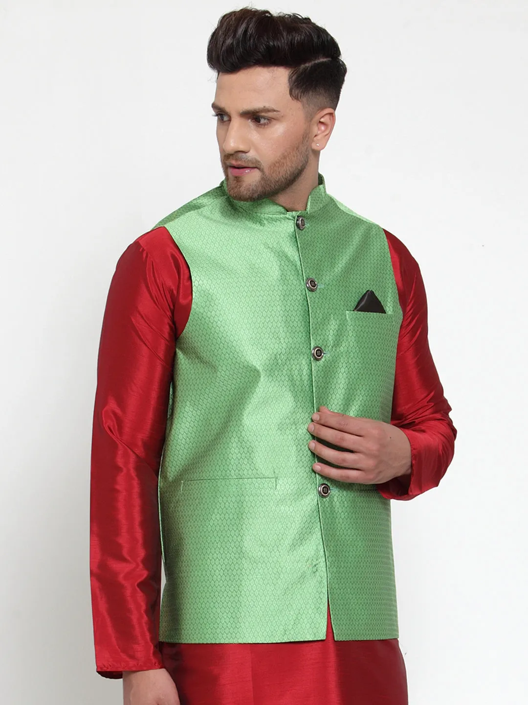 Jashvi Men's Green Woven Jacquard Nehru Jacket