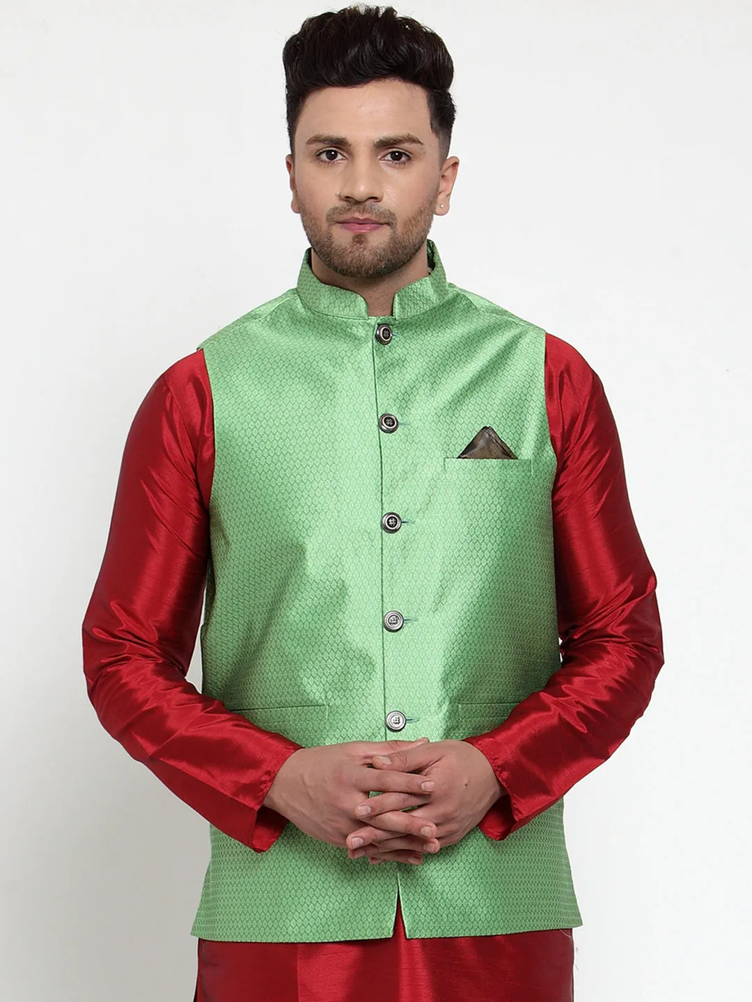 Jashvi Men's Green Woven Jacquard Nehru Jacket