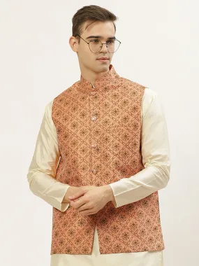 Jashvi Men's Orange Printed Nehru Jacket