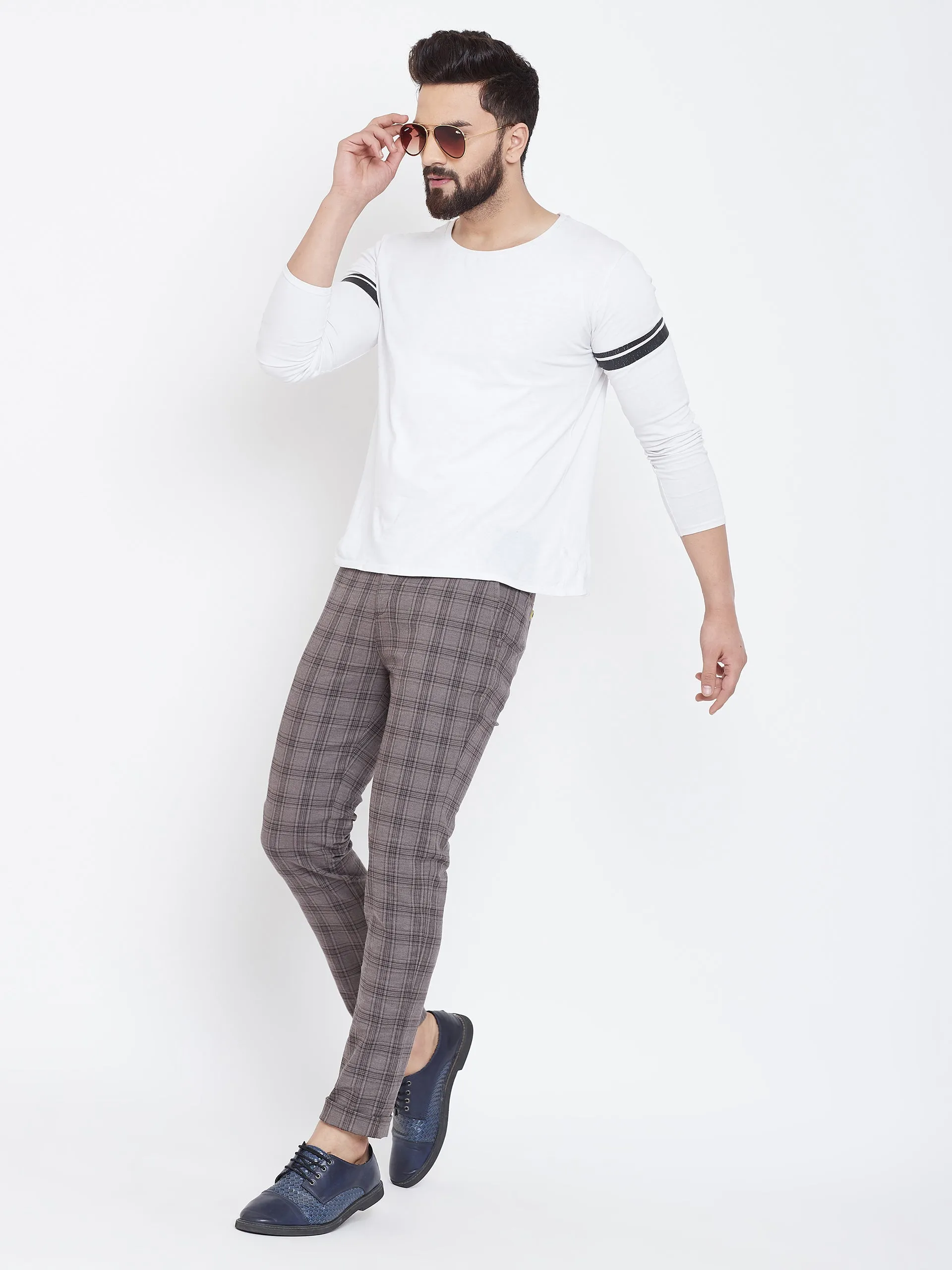 JUMP USA Men Grey Check Slim Fit Cotton Casual Trousers