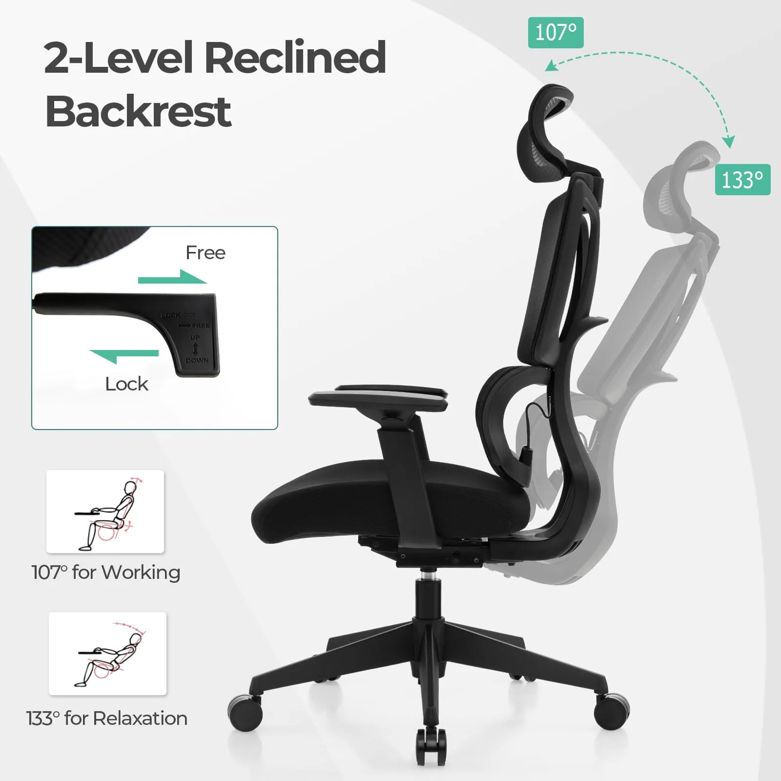 KOMFOTT Ergonomic Office Chair - Mesh Desk Chair with Adjustable Lumbar Support, Headrest & Armrests