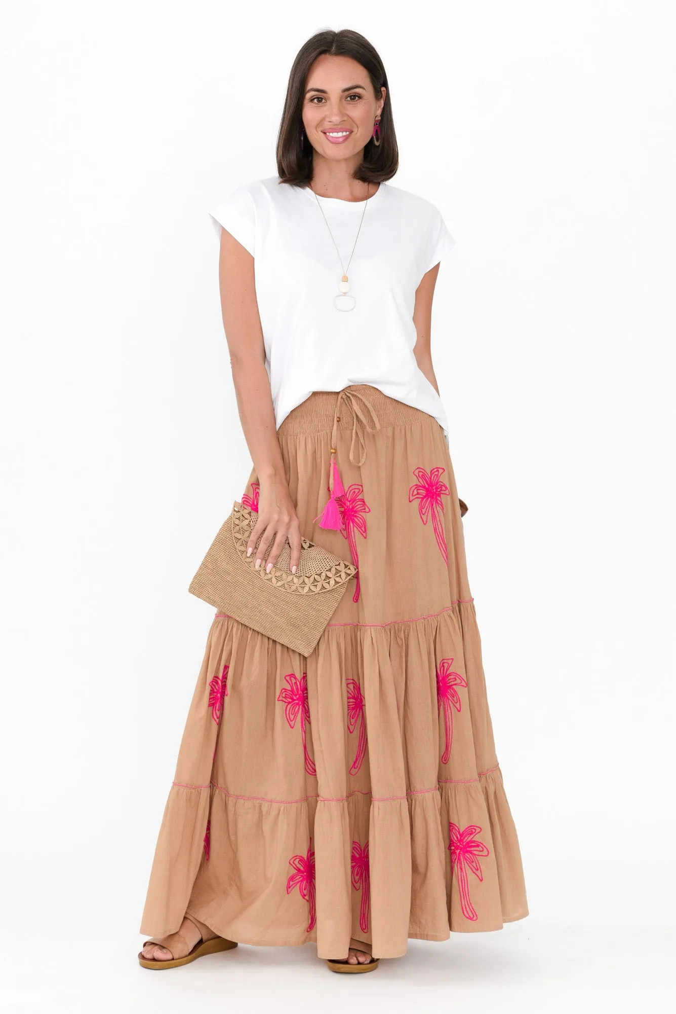 Kostas Brown Embroidered Cotton Skirt