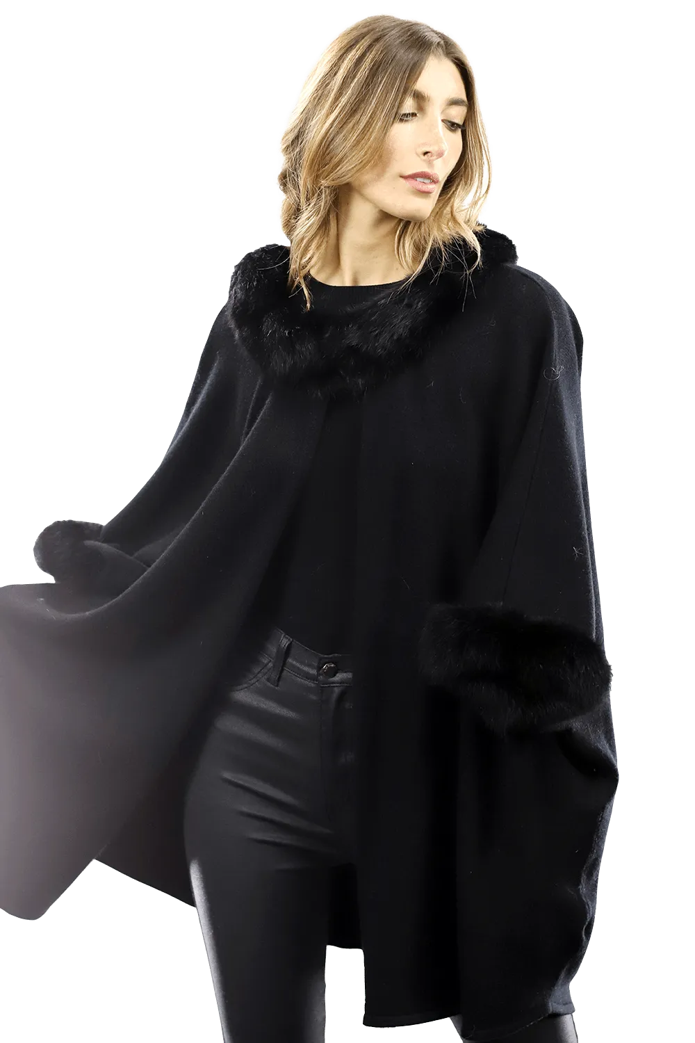 La Fiorentina Fur Trimmed Collar/Cuffs Poncho