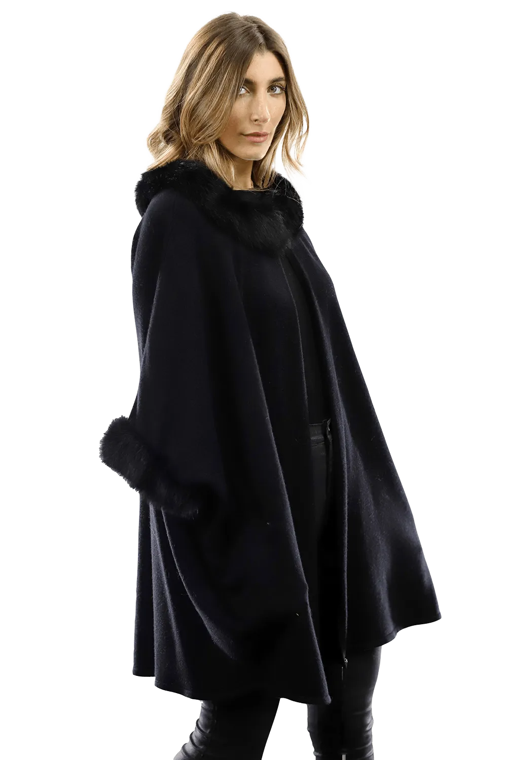 La Fiorentina Fur Trimmed Collar/Cuffs Poncho