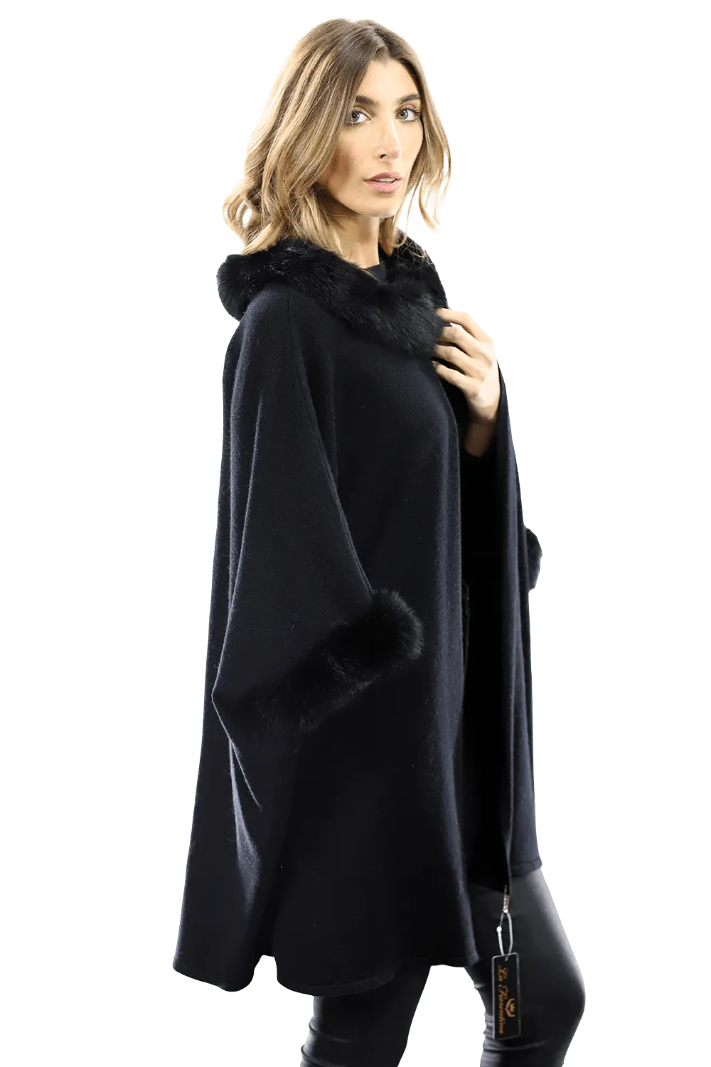 La Fiorentina Fur Trimmed Collar/Cuffs Poncho